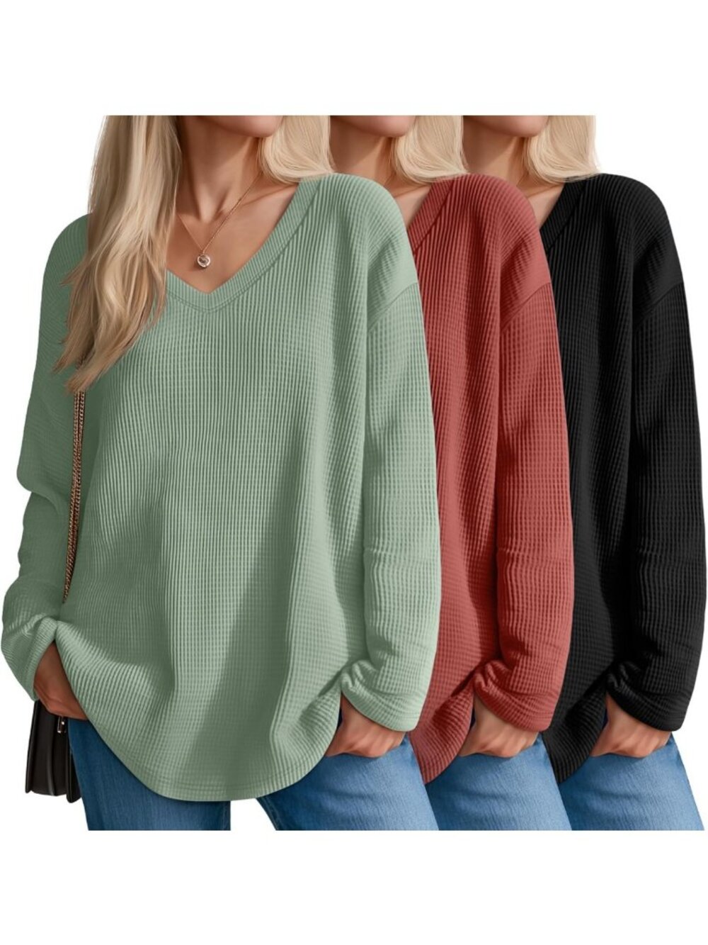 Cozy 3-Pack Women's V-Neck Waffle Knit Sweatshirts - Perfect for Layering!